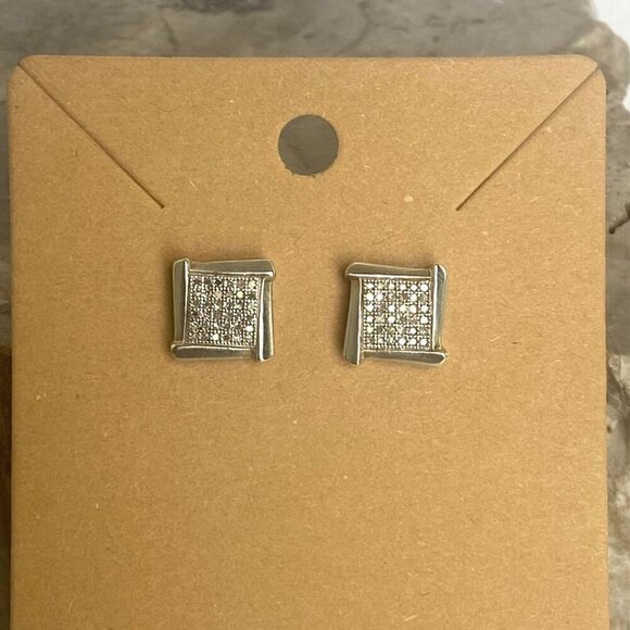 Sterling Silver 925 JTW Multistone Pave Round Diamond Square Stud Post Earrings - Picture 11 of 16